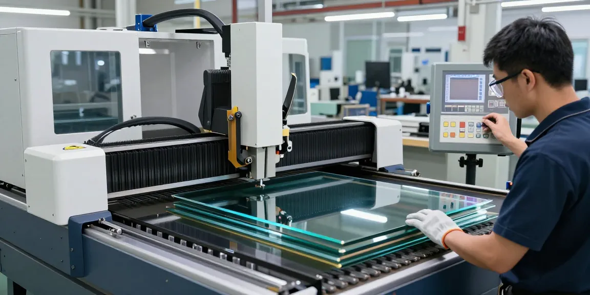 Efficient glass cutting machine CNC in a professional workshop setting, showcasing precision engineering.