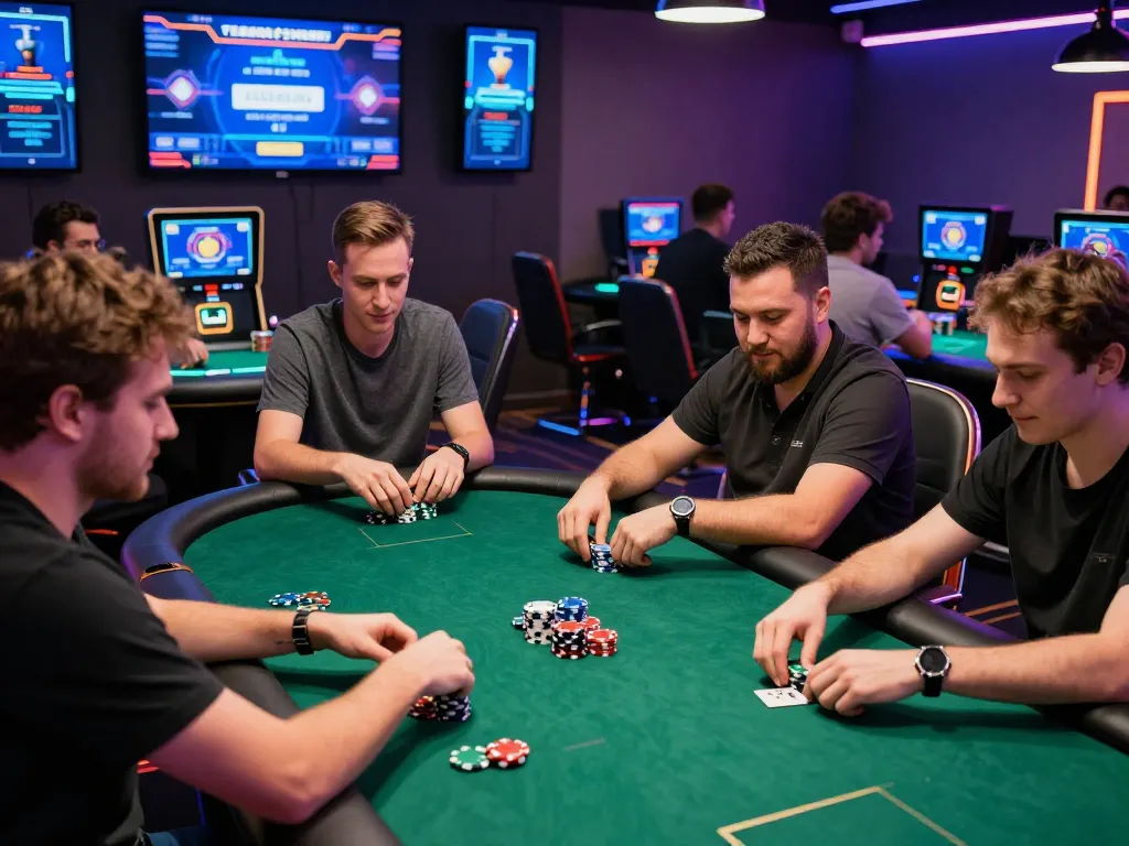 Exciting digital poker lounge scene showcasing situs idn poker with diverse players engaged in Texas Hold'em.