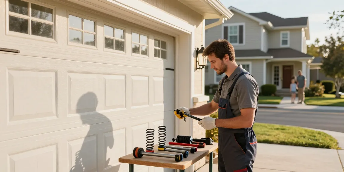 Emergency garage door repair perth with technician fixing a door in suburban setting.