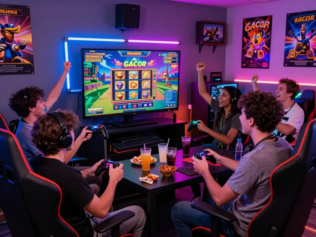 Exciting slot gacor gaming party scene showcasing diverse players cheering on a thrilling game.