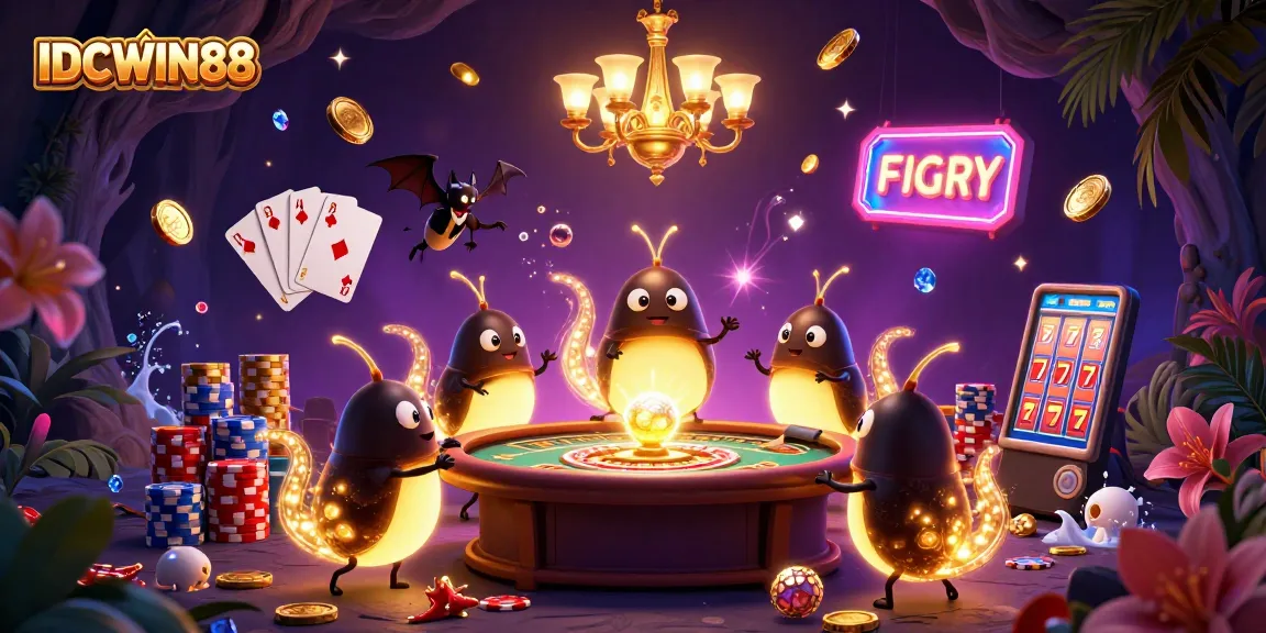 Experience the vibrant energy of IDCWIN88 with glowworms illuminating a captivating casino scene.