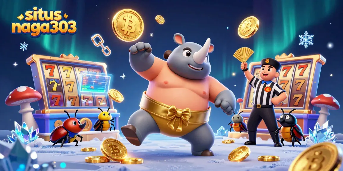 Situs naga303 showcases thrilling slot action as a rhinoceros beetle stomps coins, creating a vibrant casino atmosphere.
