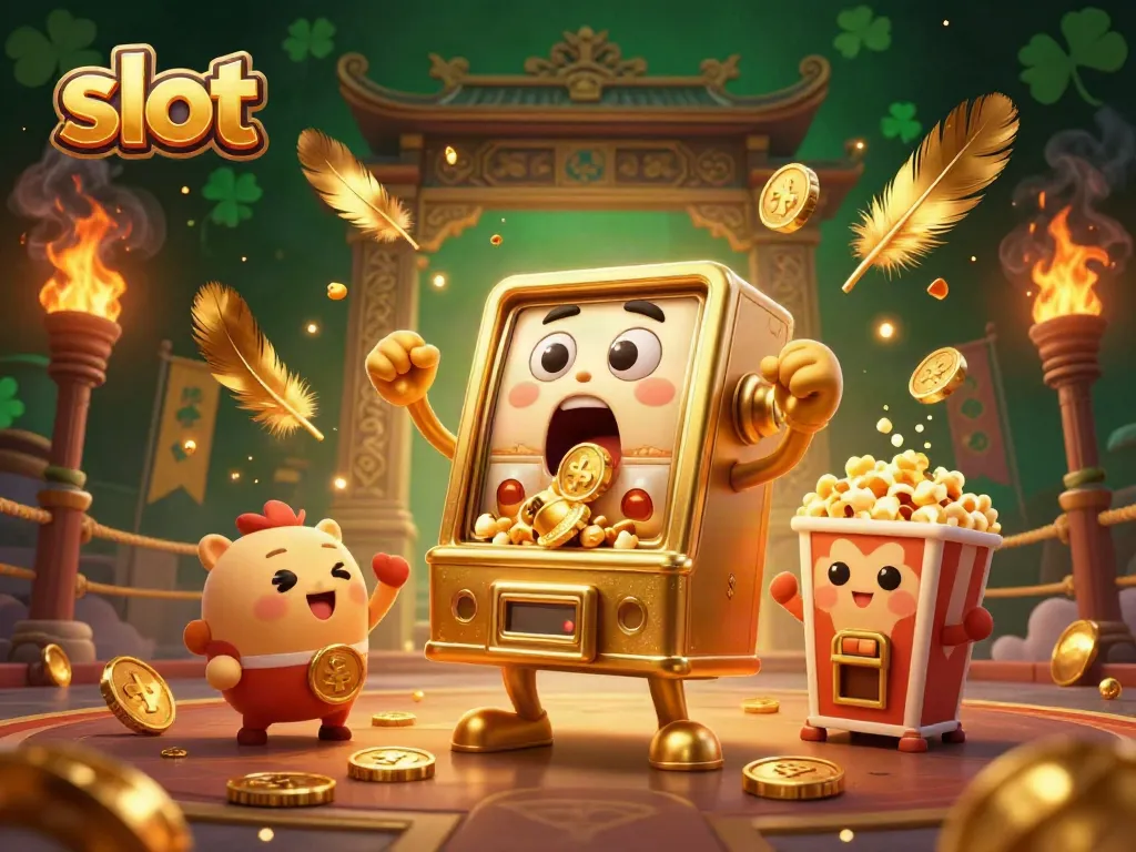 Slot machine cartoon character celebrating a jackpot win with coins and cheering companions in a vibrant casino scene.