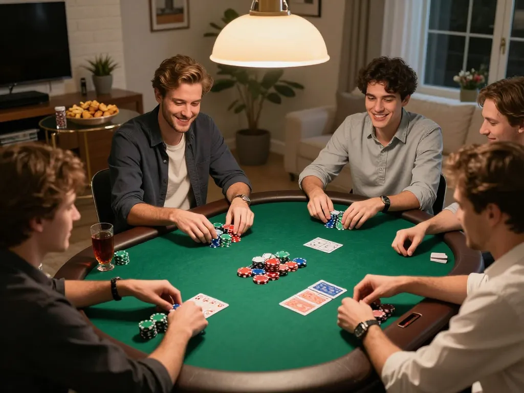 Friends enjoying a strategic poker night, with link lc88 featured prominently on the table for gaming options.