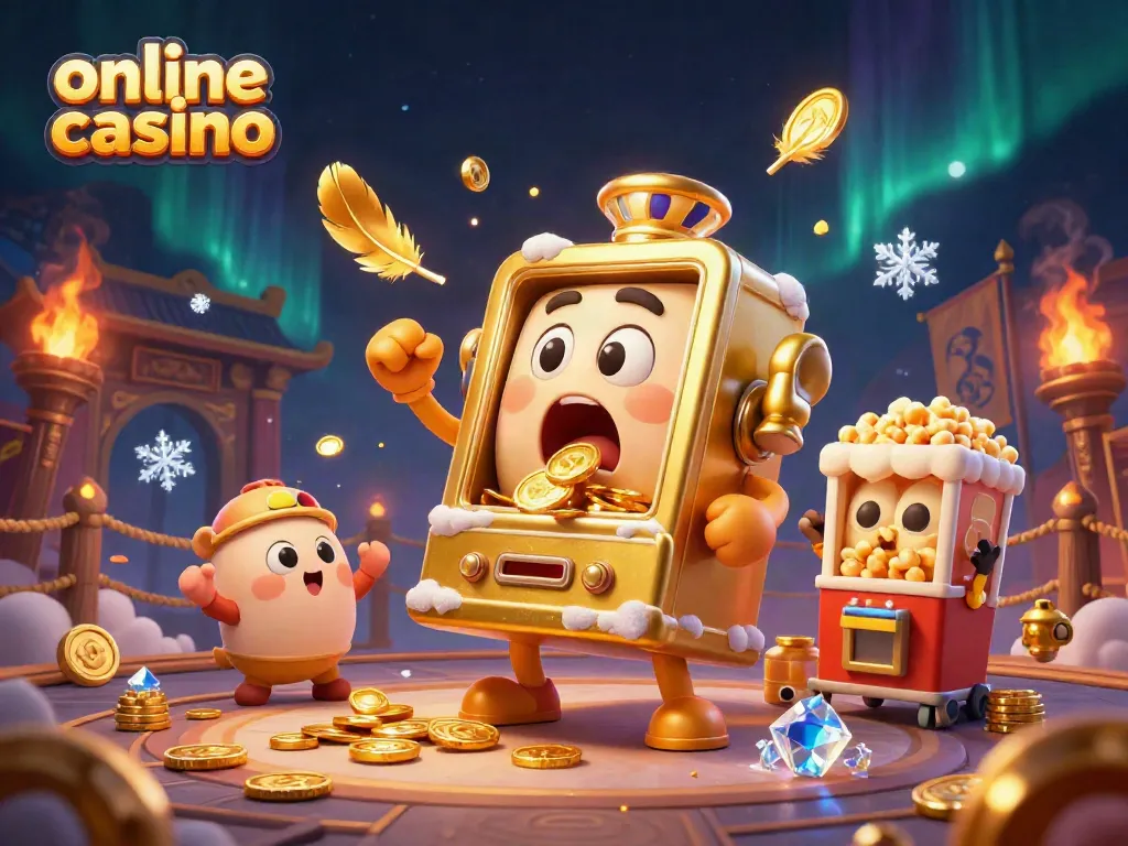 Exciting scene of an online casino with a golden slot machine hitting a jackpot, surrounded by cheering machines and coins.