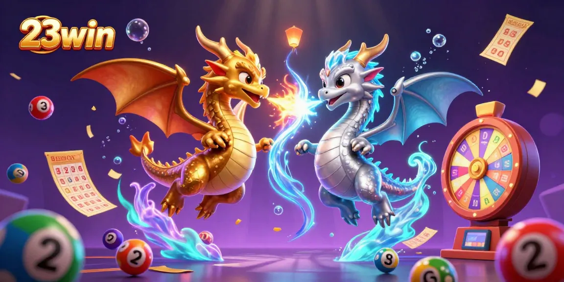 Capture the excitement of 23win with a dynamic scene of cartoon dragons, gaming elements, and vivid effects.