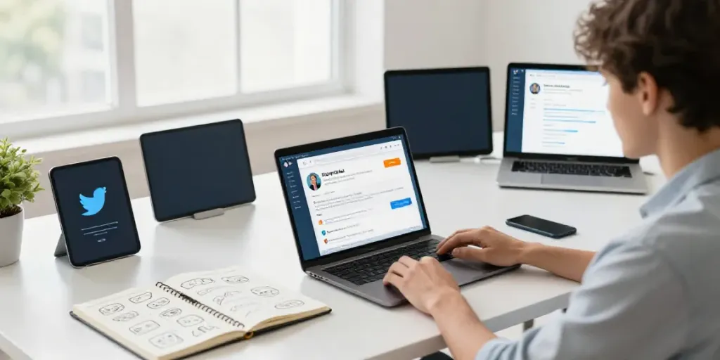 AI Twitter posts generator in an engaging workspace with vibrant digital tools.
