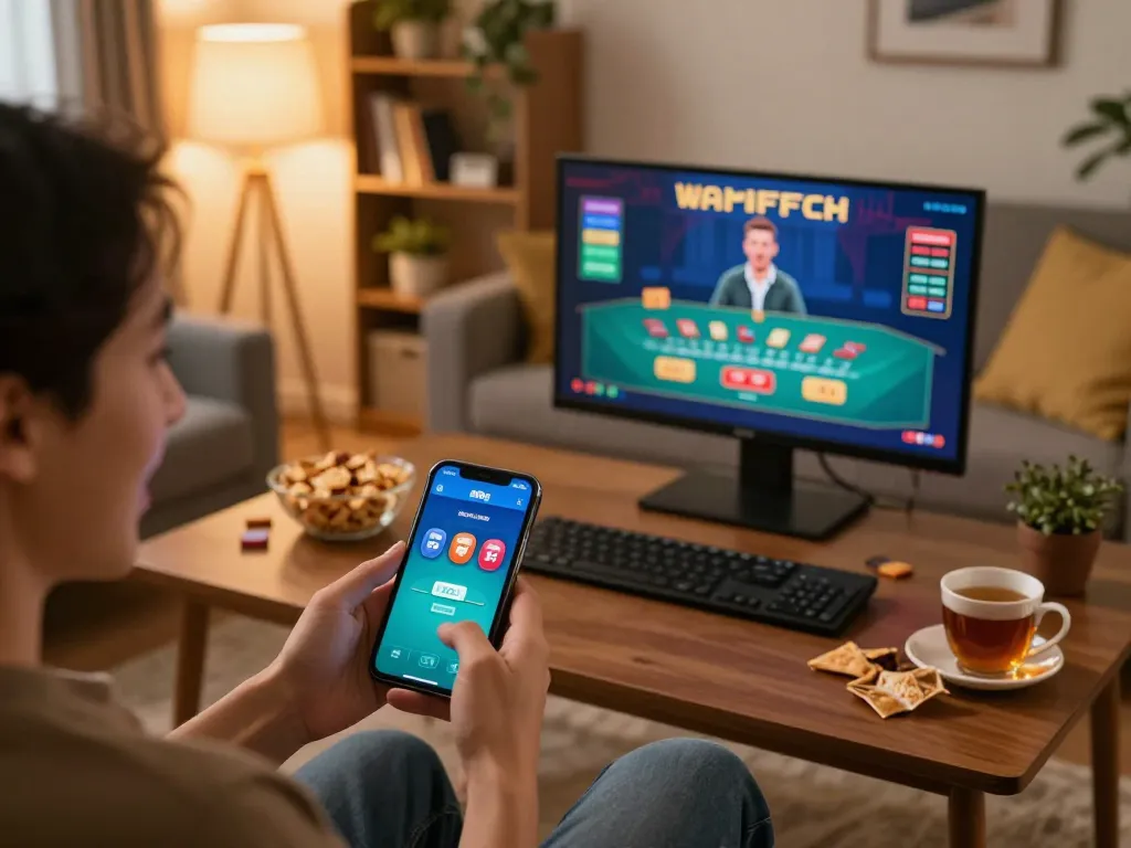 Engaging in blackjack gameplay on five88g app from a cozy home setup with smartphone and snacks