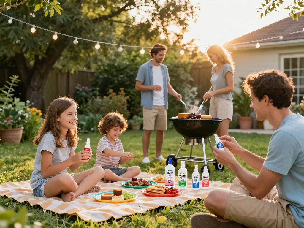 Family using Best Mosquito Repellent at a summer barbecue in their backyard.