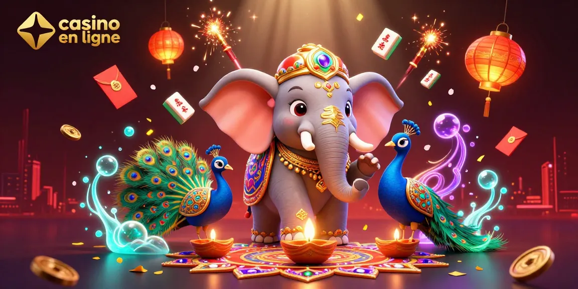 Visitez le casino en ligne avec des machines à sous, un éléphant orné et un paon vibrants dans une scène artistique colorée.