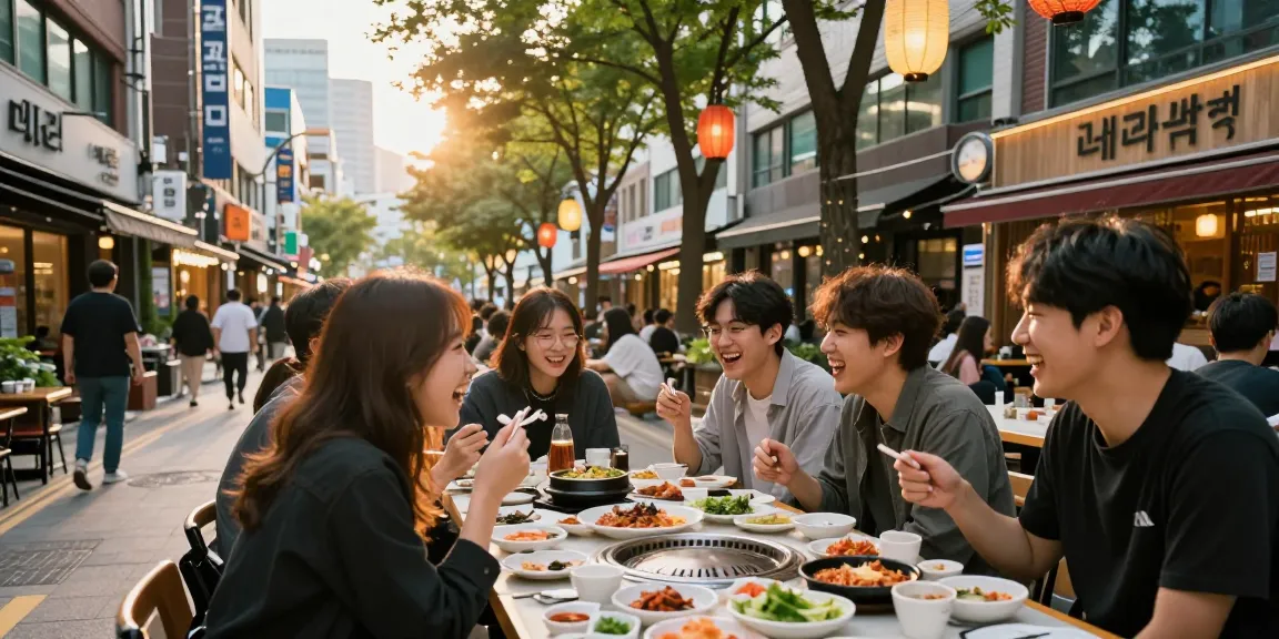 Gathering at 상봉동 한국관, friends enjoying Korean BBQ in a vibrant urban setting.