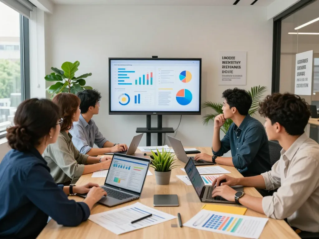 SEO Company in NYC collaborating over data analysis and marketing strategies in a modern office.