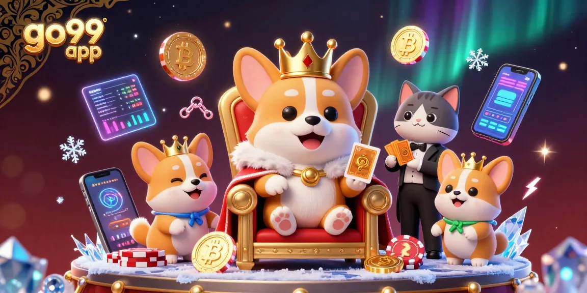 Experience the excitement of the go99 app with a royal corgi and gold card deck in a dynamic casino scene.