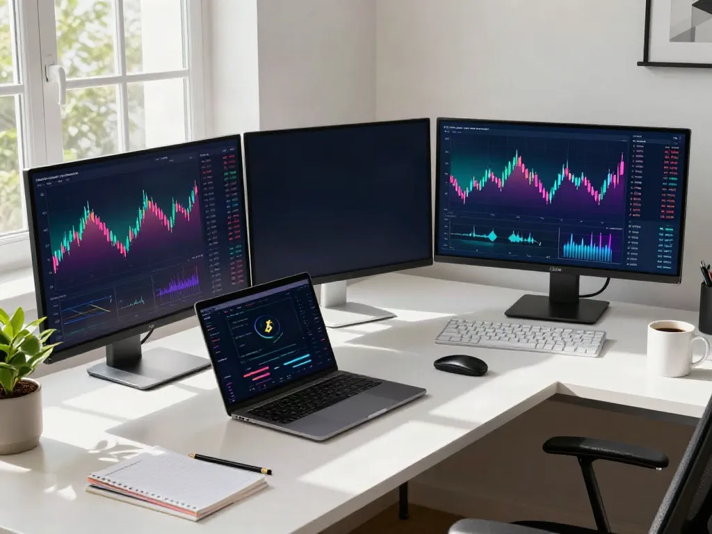 Real-time forex data API setup with cryptocurrency and trading charts displayed in a modern office.