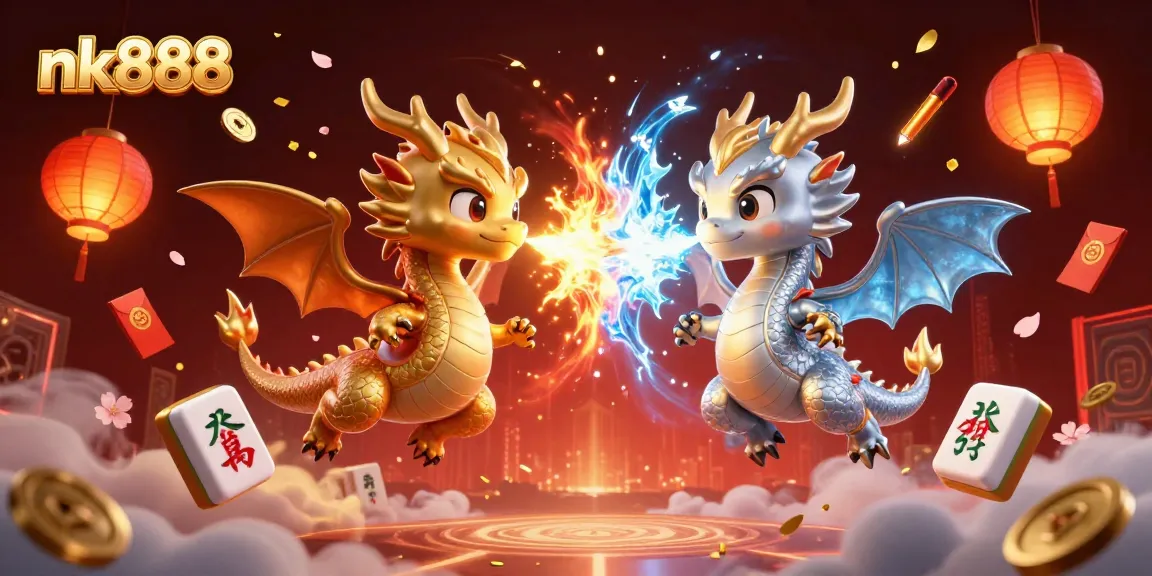 Experience the thrill of nk888 with a vibrant, dynamic digital casino illustration of dragons, lanterns, and gold!