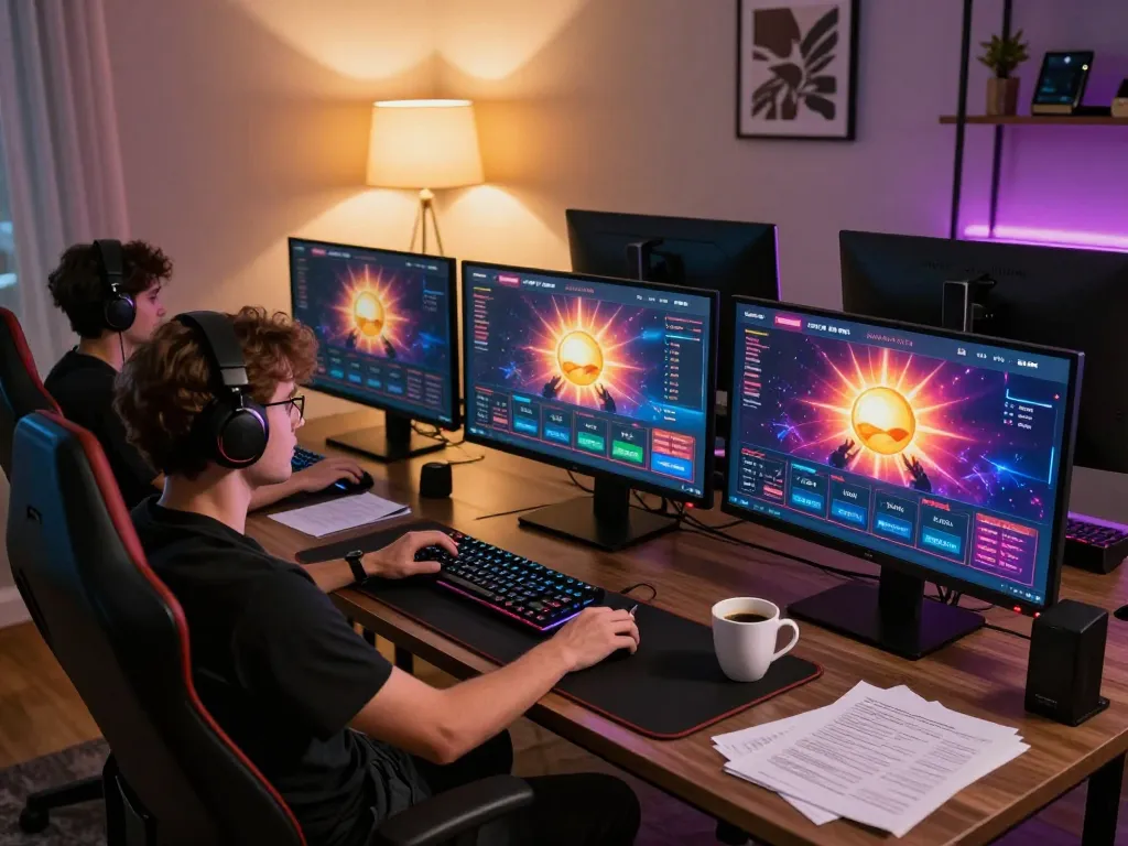 Engaged player enjoying sun win online gambling experience on multiple screens with vibrant interface