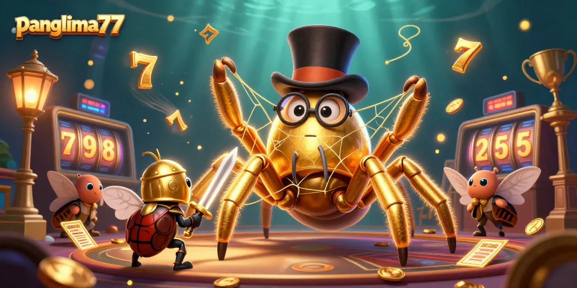 Panglima77 showcases an excited golden tarantula weaving a web in a vibrant casino scene filled with dazzling slot elements.