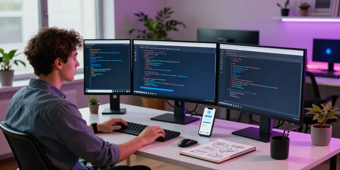 Engaging workspace showcasing the software development process for teiegramin.com with Telegram app interface and coding.