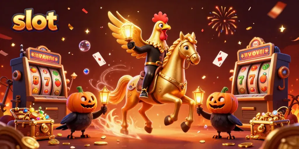 Experience exciting slot adventure with golden rooster riding through a vibrant casino scene filled with treasures.