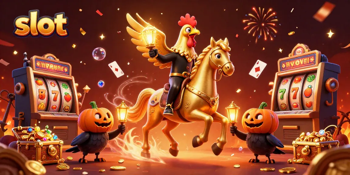 Experience exciting slot adventure with golden rooster riding through a vibrant casino scene filled with treasures.