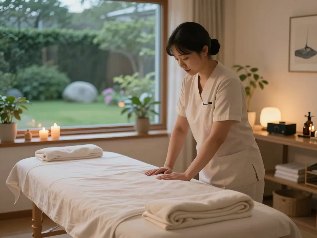 Relaxing home massage therapy setup for 동탄출장마사지 with calming decor and professional therapist.
