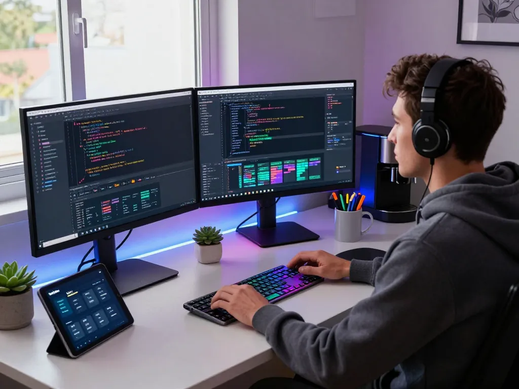 Moltbot software developer coding in a dynamic tech workspace with dual monitors showing real-time code.