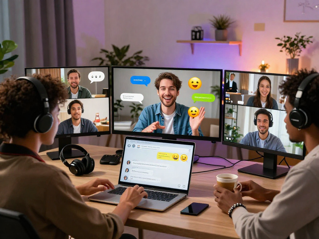 Engaging virtual chat room with diverse participants discussing porn chat ai, showcasing lively interaction and digital elements.