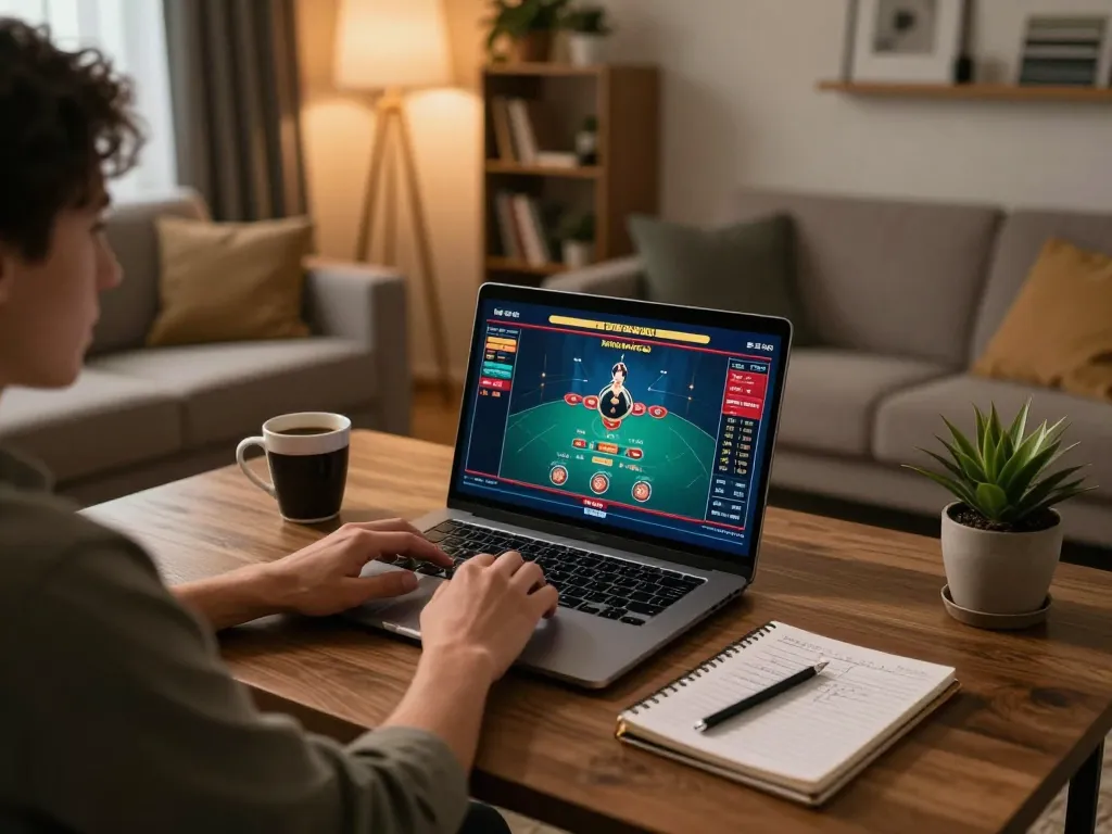 Engaged in Đăng Nhập FB88 on a laptop, experiencing online gambling in a cozy home setting.
