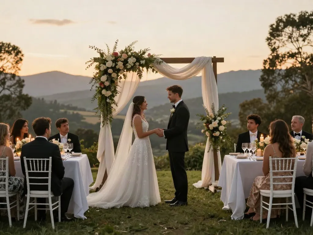 Event rental ksa setup for a romantic wedding ceremony under sunset.