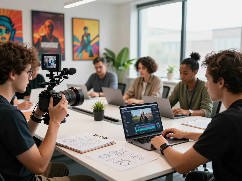 Video to promptgenerator in action within a creative studio environment, showcasing a team collaborating on video projects.