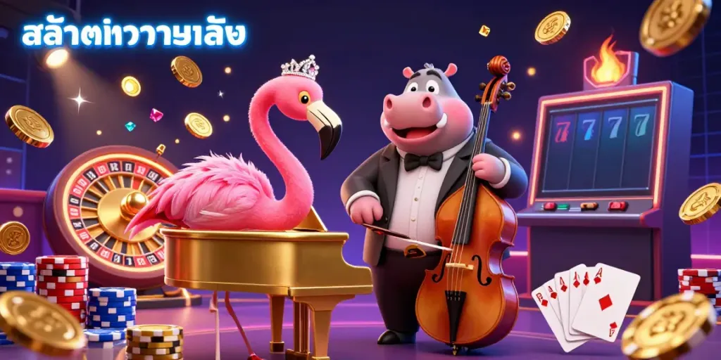 Engage with สล็อตทดลองเล่น themed casino entertainment featuring a flamingo singer and hippo bassist.