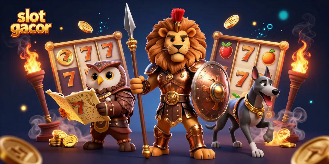 Menang slot gacor dengan ilustrasi 3D karakter petarung dan simbol permainan berbentuk emotif.