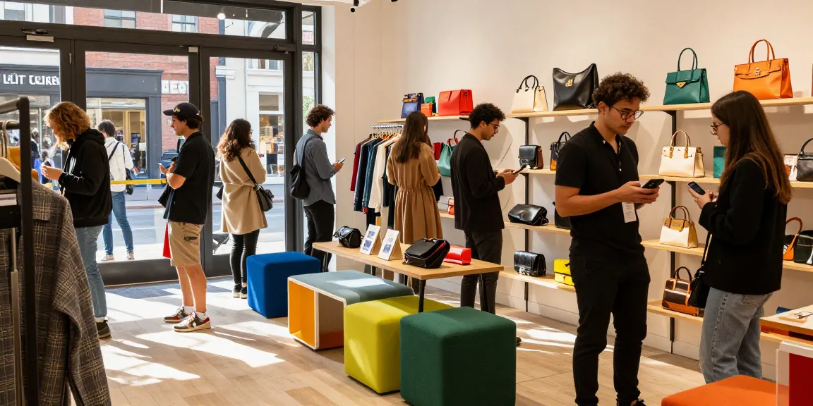 Dynamic shopping scene featuring stylish 레플리카 products in an urban environment, highlighting popular trends and consumer engagement.