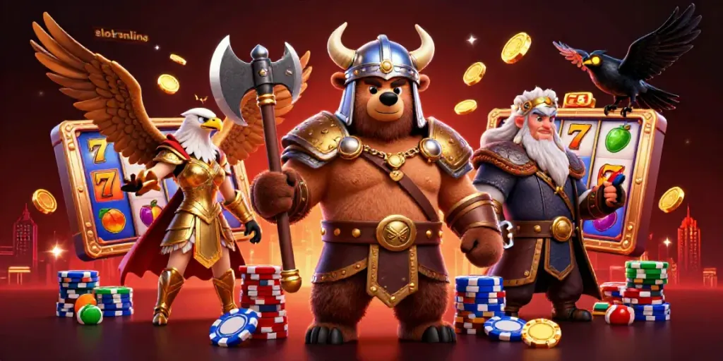 Permainan slot online yang menampilkan beruang Viking dan elang Valkyrie dalam suasana kasino yang meriah.