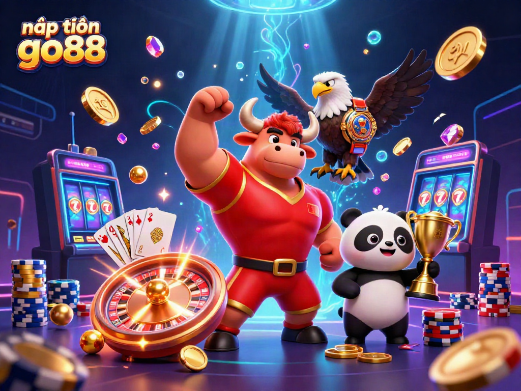 Experience an exhilarating nạp tiền go88 adventure in this dynamic 3D casino scene with vivid characters and elements.