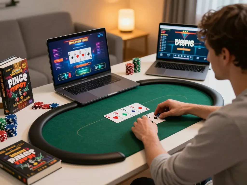 Engaged player at home table using O8 app for online poker gaming, emphasizing strategic fun
