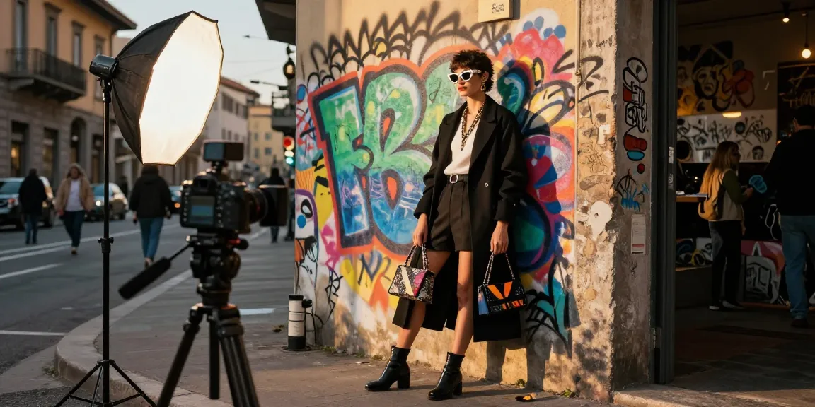 Servizi fotografici moda Milano: modello elegante in pose di moda a Milano con accessori di design e sfondo urbano.