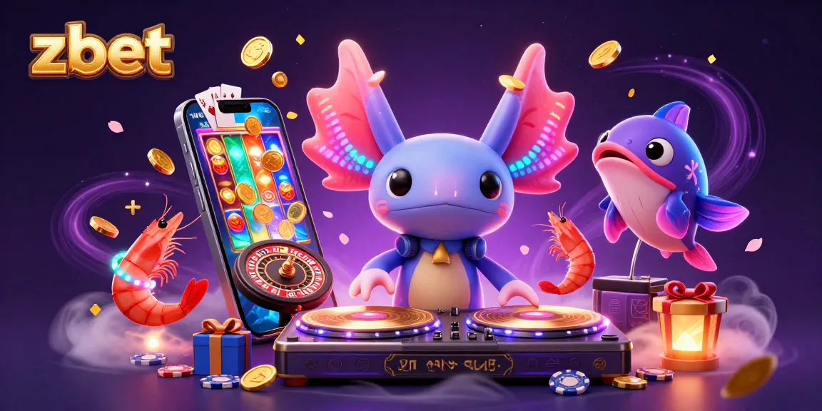 Experience zbet's vibrant casino scene with a neon axolotl DJ and energetic underwater elements.