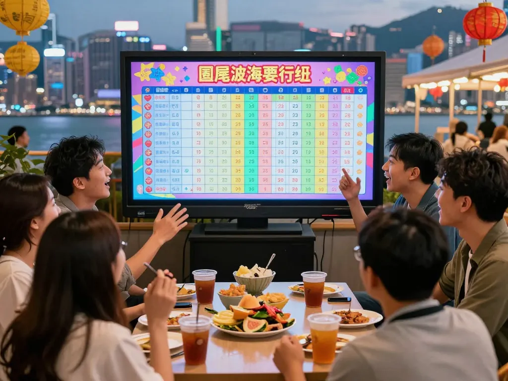 Friends excitedly watching Hongkong Lotto results on a large screen at a festive urban gathering.