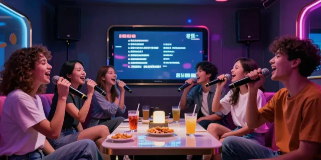 달토에서 친구들이 즐겁게 노래하는 모습, 현대적인 인테리어와 다채로운 조명으로 환상적인 분위기 연출