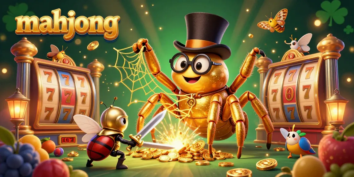 Play mahjong in a vibrant casino scene, featuring dynamic slot reels and golden coins.