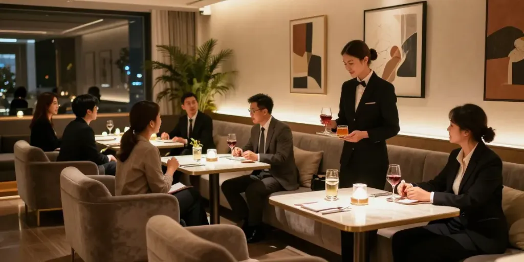강남 타이밍의 고급스러운 공간에서 비즈니스 미팅을 하는 모습