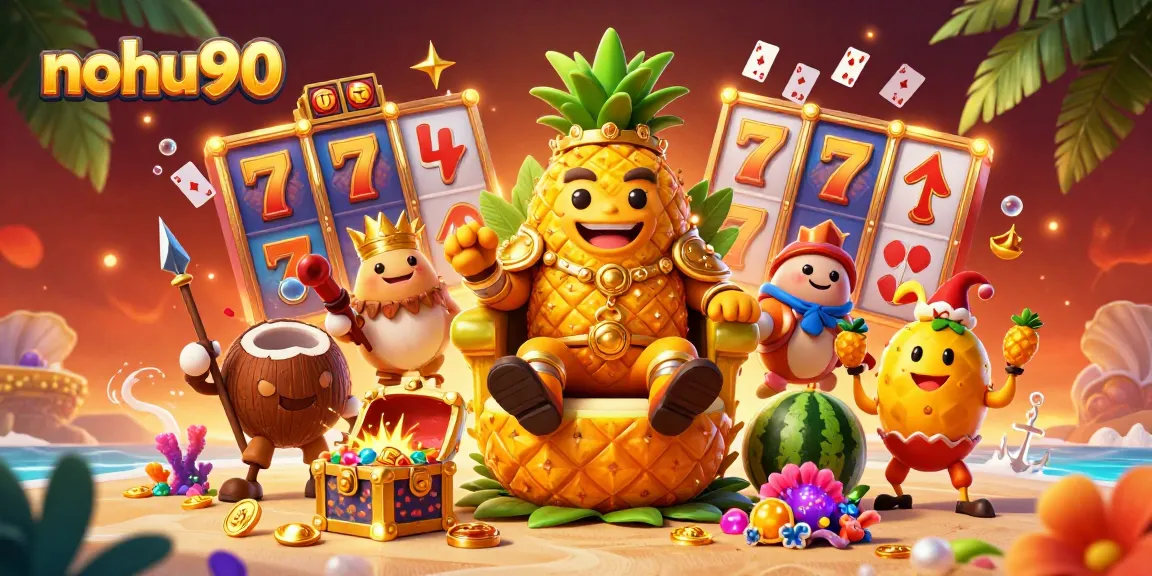 Nohu90's vibrant casino scene features a golden pineapple king and dynamic slot elements.