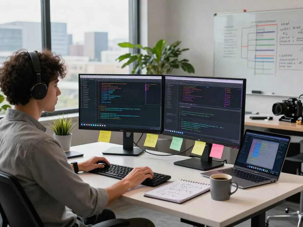 Developer using bro138 tools in a vibrant tech workspace with dual monitors.