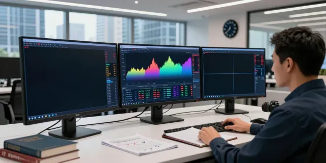 Trader using MetaTrader 5 on multiple monitors in a modern financial office