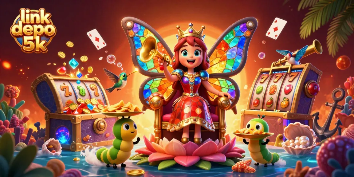Experience the excitement of link depo 5k with a colorful slot scene featuring a butterfly queen and treasure chests.
