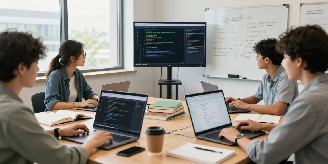 Students learning the Best React development course 2025 together in a modern co-working space.