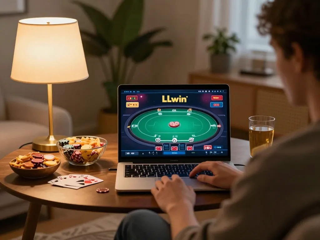 Person engaging with LLwin casino games on a laptop in a cozy home setting