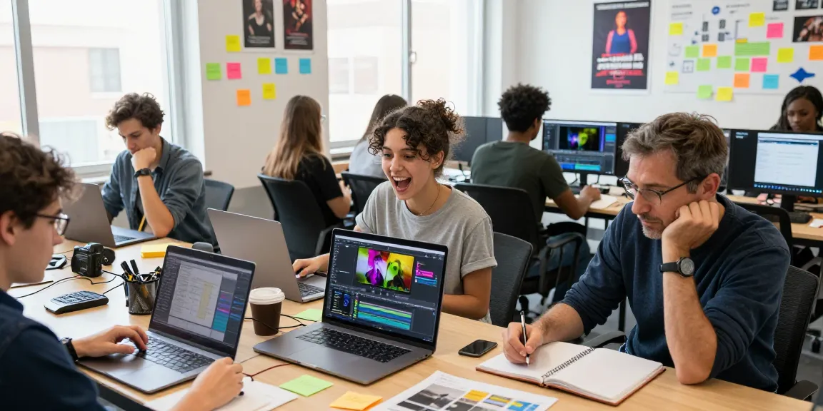 Engaged students participating in an Adobe Premiere Pro training course in a vibrant editing studio.