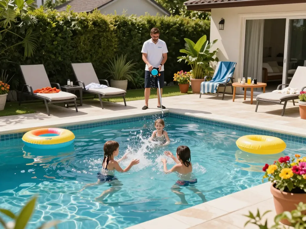 Dolphin Pool Services in action with a family enjoying a sunny day by their well-maintained pool.